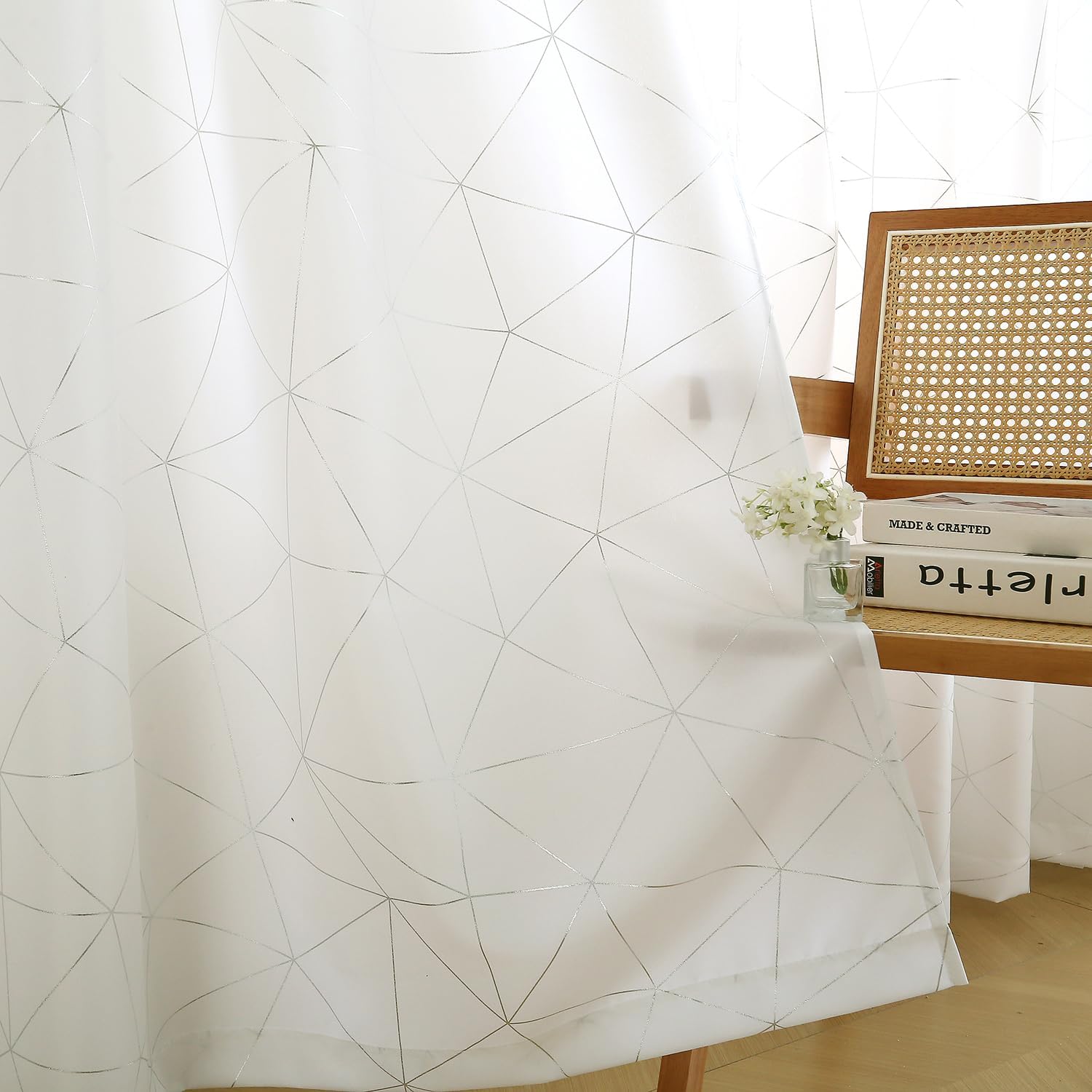 Taisier Home Silver Geometric Line Grommet Top Curtains, Lightweight Semi Sheer Light Filtering Window Drapes with Printing Design, Cream, W52 x L95 Inch, 2 Panels