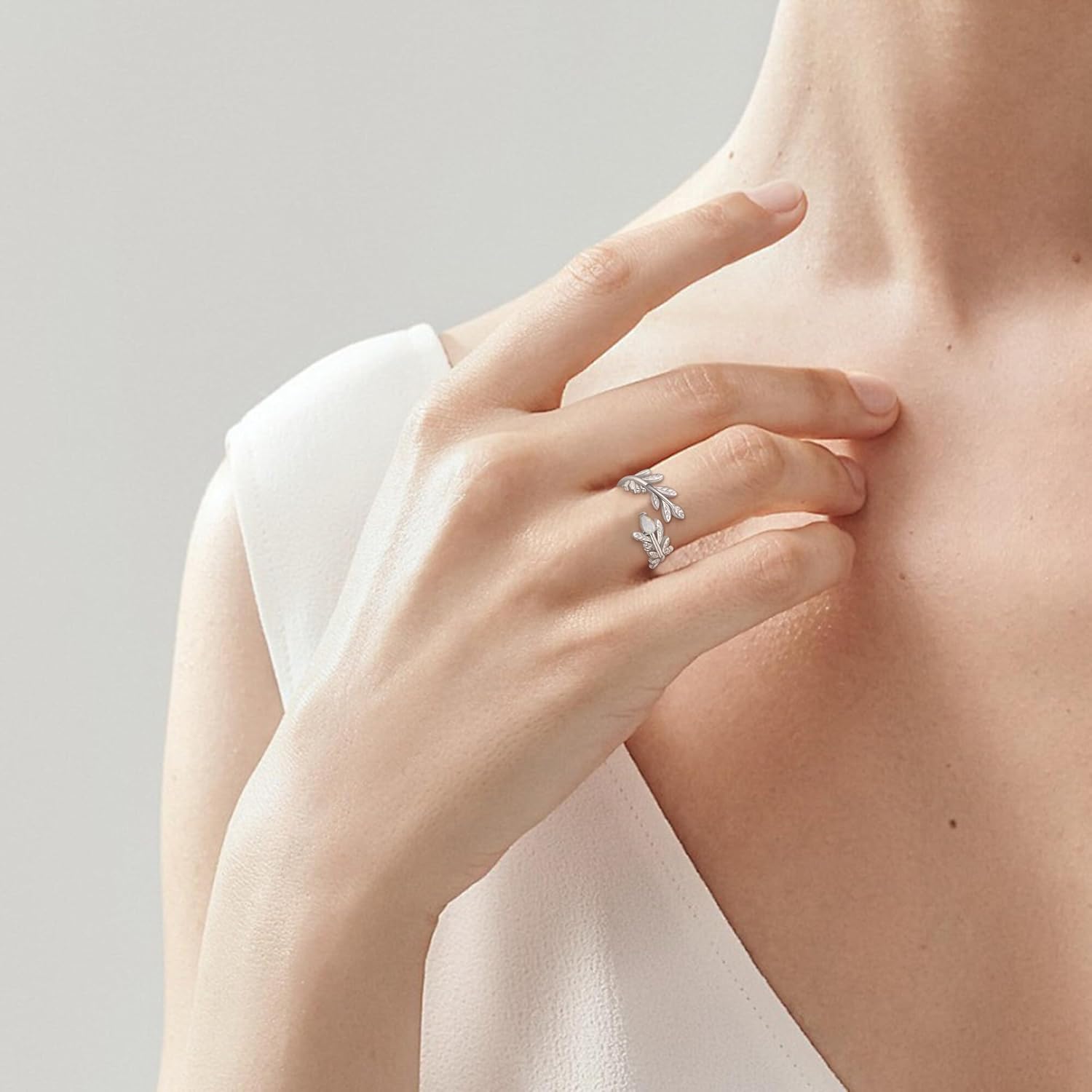 Sterling Silver White Opal Leaf Ring for Women, Size 7-9, Adjustable Open Leaf Ring - Image 2
