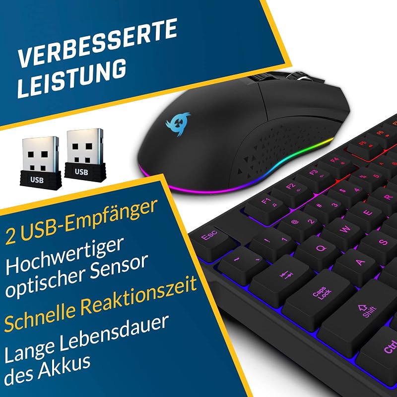 KLIM Blaze & Chroma Vezeték Nélküli Egér-Billentyűzet Szett - RGB Háttérvilágítás, Hosszú Élettartamú Akkumulátor, PC és Mac Kompatibilis, G