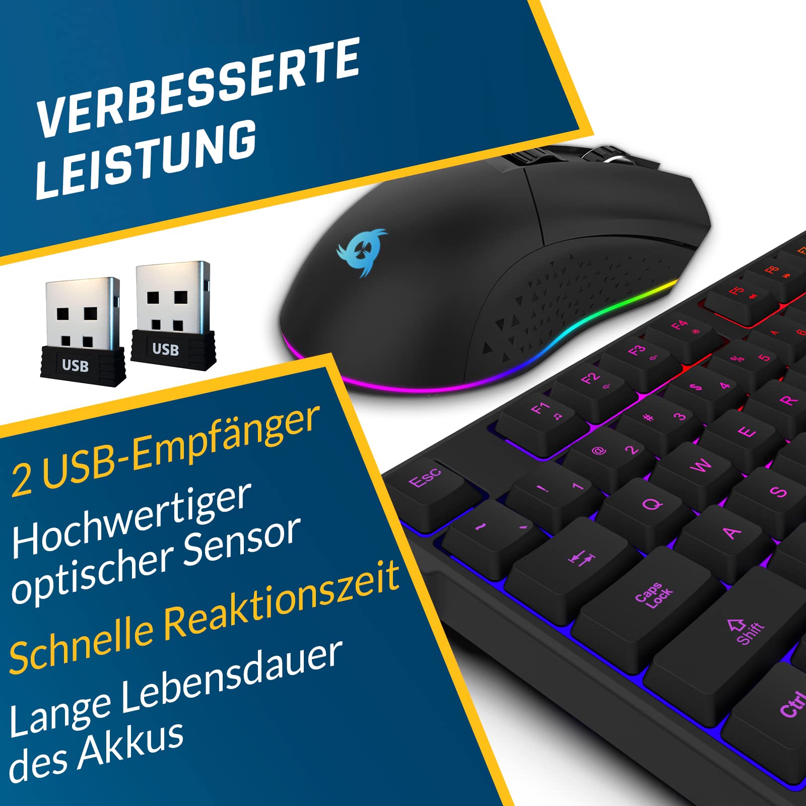 KLIM Blaze & Chroma - NEU - Tastatur Maus Set Kabellos QWERTZ- Flach, Ergonomisch - Maustastatur für PC, Eingebauter, langlebiger Akku