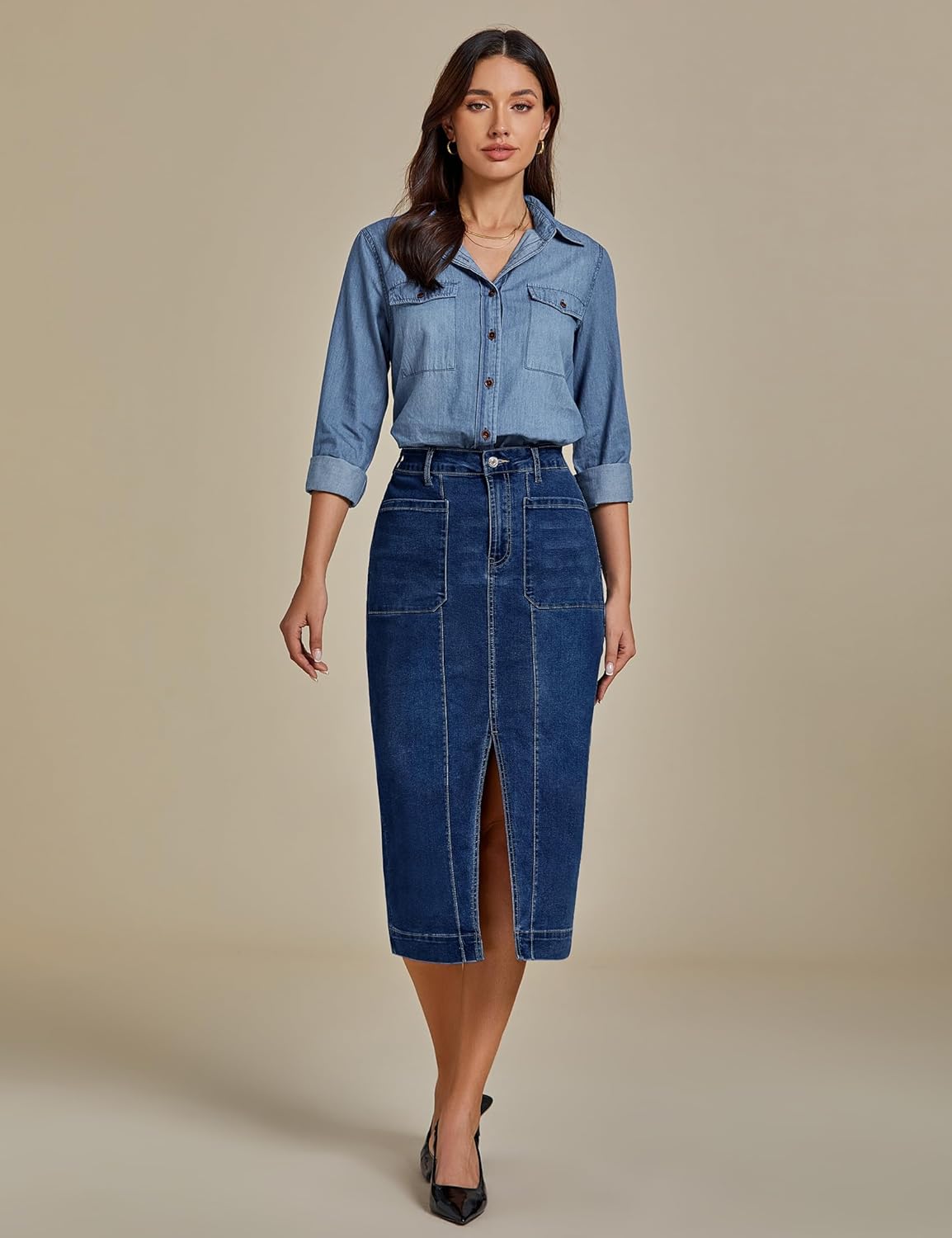 luvamia Jean Skirts for Women Denim Trendy Casual Stretchy High Waisted Midi Front Pockets Below Knee Skirt with Slit - Image 5