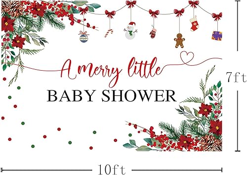 Miniatura 10 de MEHOFOND Telón de fondo de Navidad de 7 x 5 pies para baby shower con texto en inglés "A Merry Little Baby Shower Decoraciones", pancarta roja de