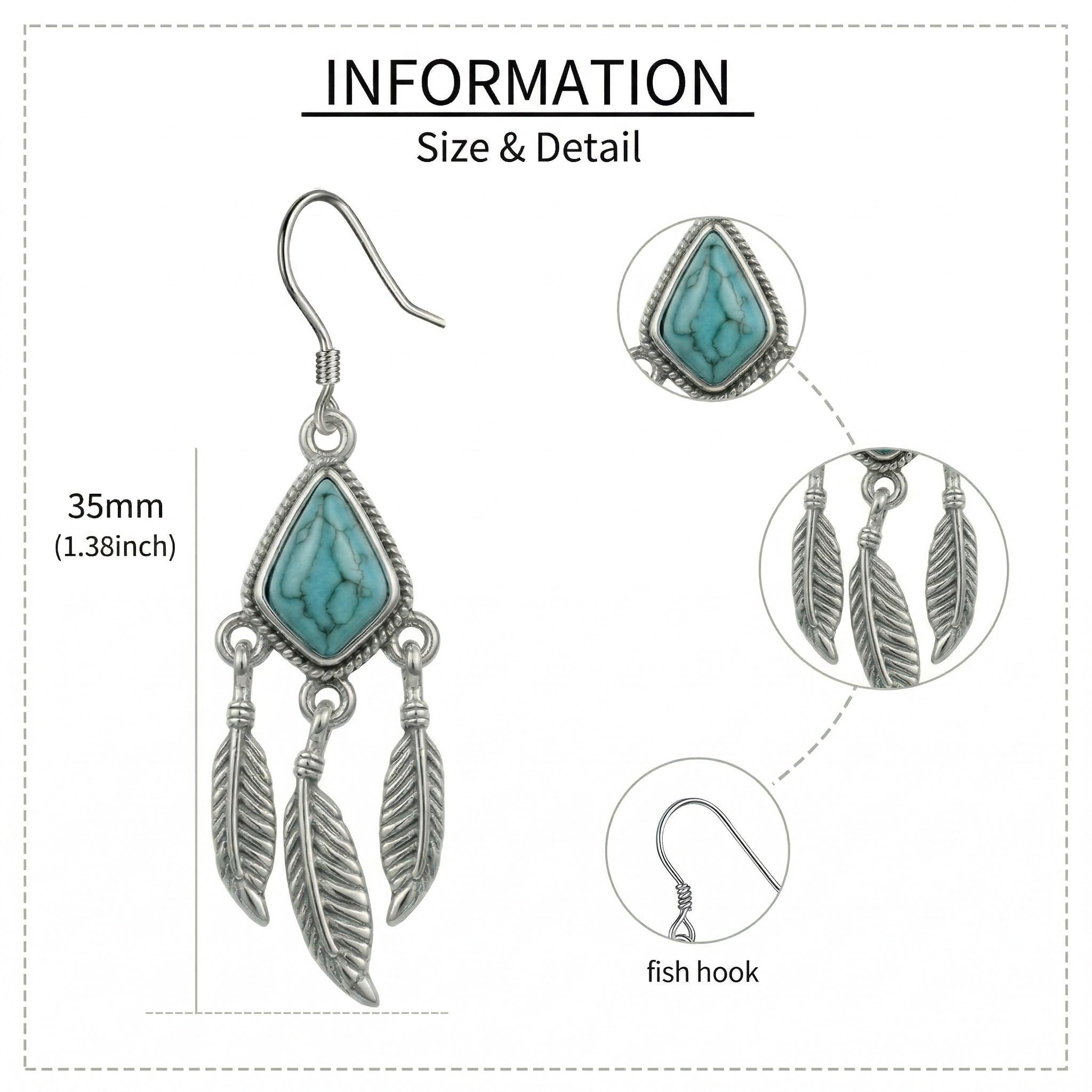 Orecchini pendenti da donna in argento Sterling 925 con piume turchesi, stile bohémien, vintage, con gancio, gioielli occidentali da donna