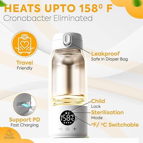 Miniatura 5 de Calentador de biberones portátil para viajes, calentador de leche para bebés de 16.9 onzas con calentamiento rápido de 2 minutos, contenedor de