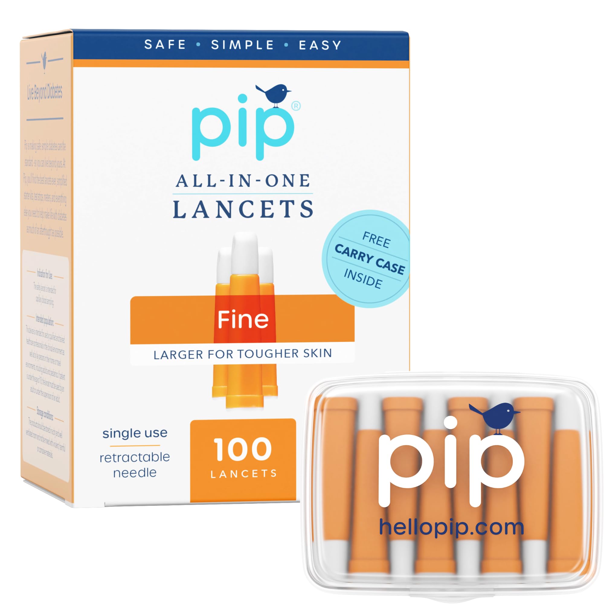 Pip Lancets for Diabetes Testing - 28G x 1.8mm Ultra-Thin Safety Lancets 100 Count | Pressure-Activated Single Use Diabetic Needles for Blood Glucose Testing | No Lancing Device Required - Orange