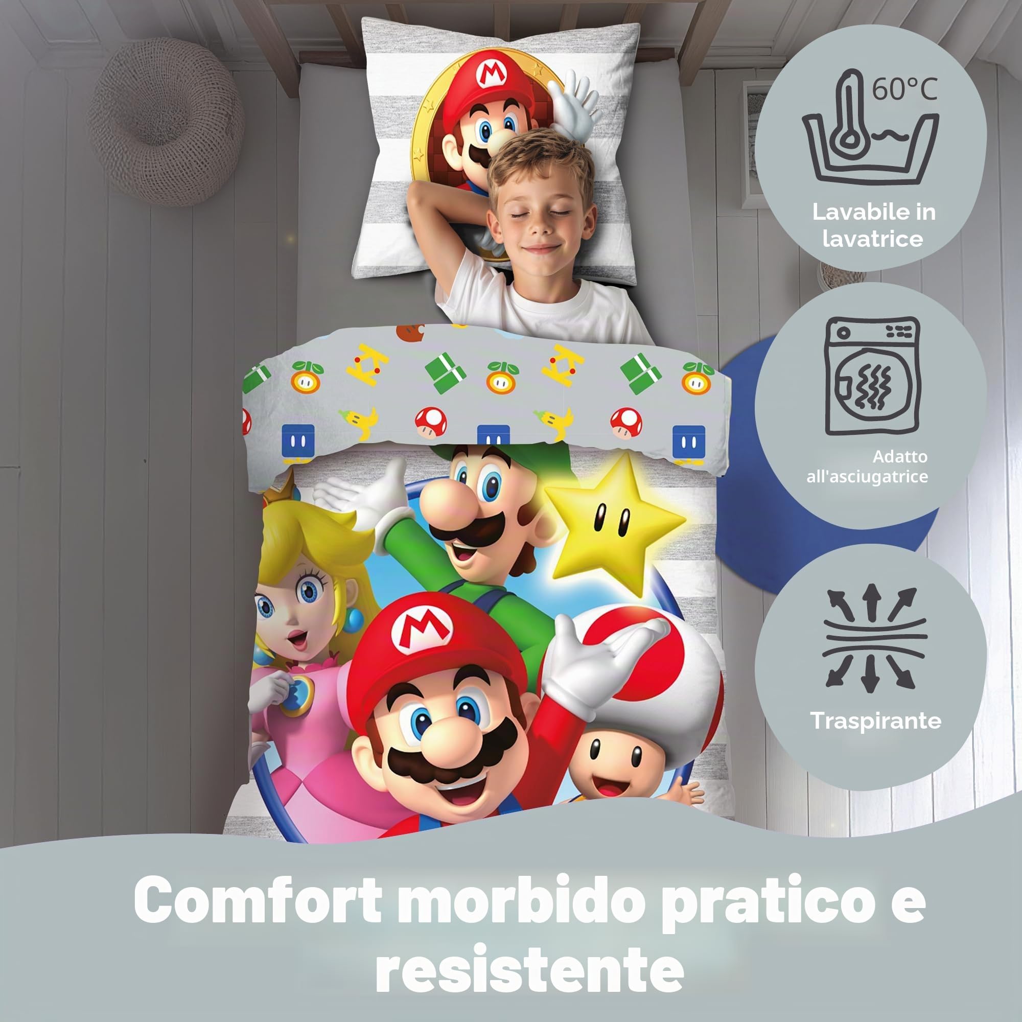 Set di biancheria da letto double-face per bambini, motivo Super Mario, 135 x 200 cm, 80 x 80 cm, 100% cotone, con chiusura lampo, in linone