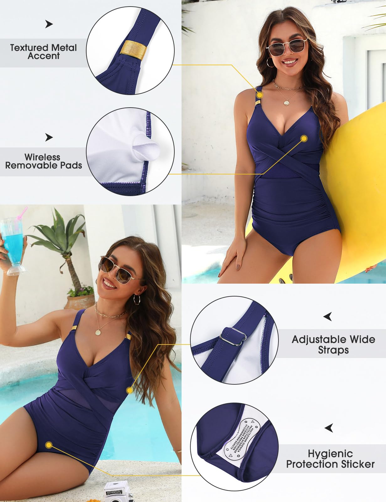 Bañador Mujer Una Pieza Reductor de Vientre Plano Traje de Baño con Fruncido Sexy Cuello en V Talla Grande Ropa de Baño para Verano