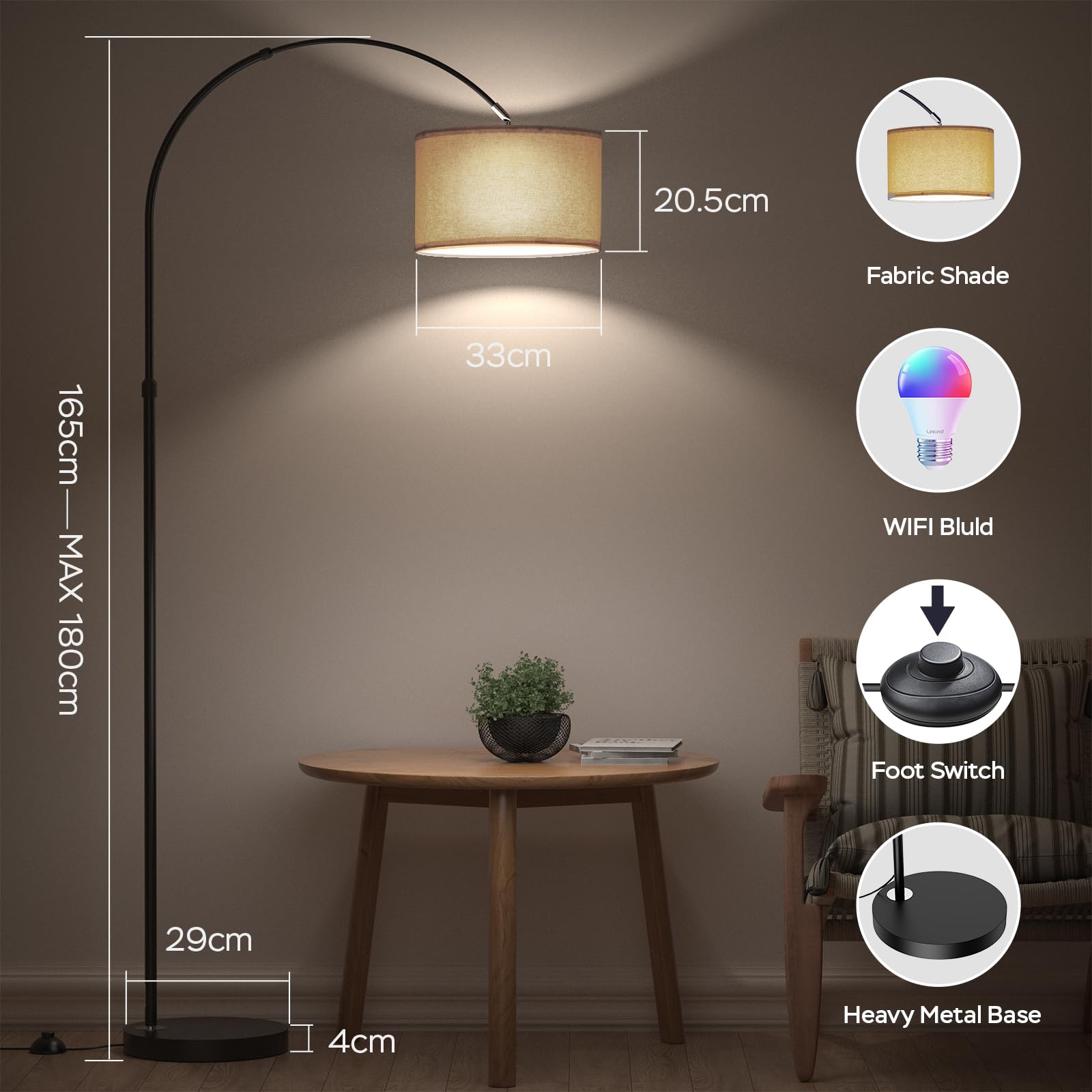 Modlicht Lampada da terra intelligente, funziona con Alexa e Google Home, lampada da terra RGB dimmerabile, per feste o atmosfera festiva, lampada ad arco WiFi E27 9W per soggiorno, camera da letto