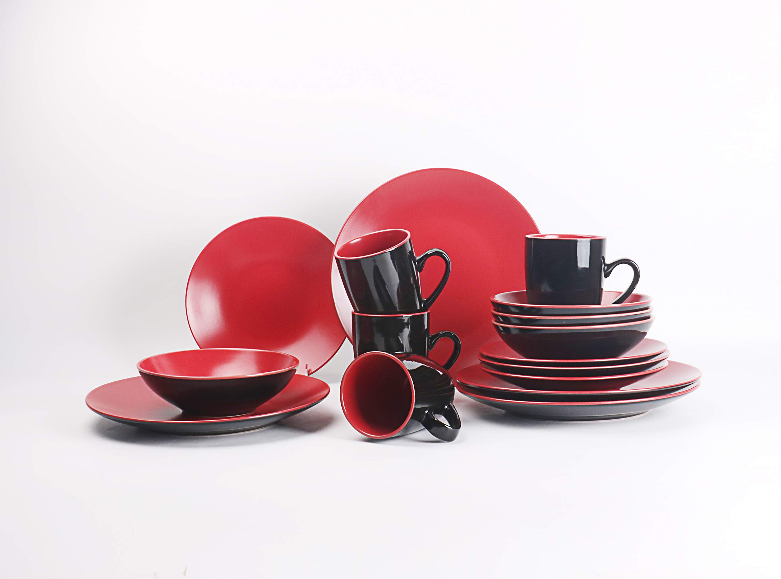 HomeVss Stoneware Two-Tone Colors Life 16pc Dinner Set， Outside Shiny Black + Inside Matee Glaze Red