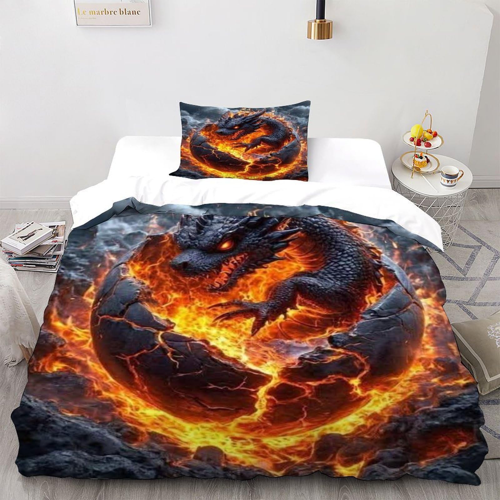 Dragon Fire Bedding Set Theme Bedspread Animal Theme Marine Animal Space Theme Duvet Cover Set Microfiber Comforter Cover Universal for All Seasons with Pillow Single（135x200cm）