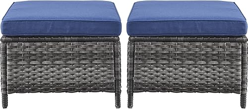 Miniatura 8 de Juego de 2 taburetes otomanos de mimbre de ratán para todo tipo de clima, con cojines suaves para muebles de patio