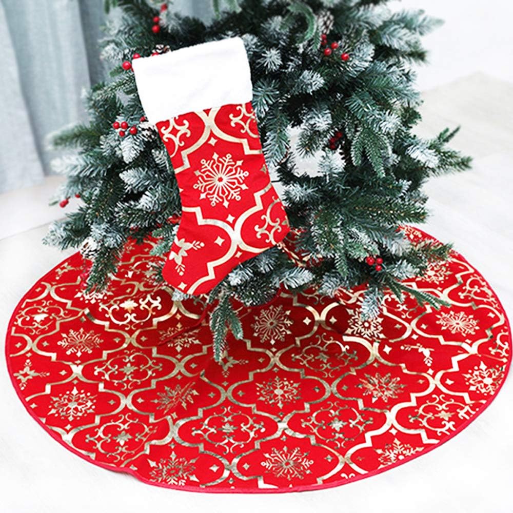 Red Flannel Tree Mat, 48 inches Large with Gilded Christmas Patterns Skirt for Xmas Tree Holiday Party Decorations Indoor Outdoor with 1 Christmas Stocking