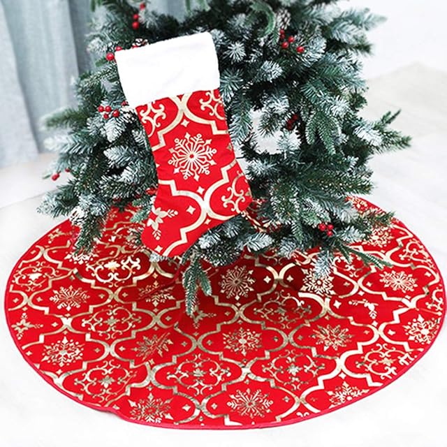 Christmas Tree Skirt, 48 inches Large Red Flannel Tree Mat with Gilded Christmas Patterns Skirt for Xmas Tree Holiday Party Decorations Indoor Outdoor with 1 Christmas Stocking (Red)