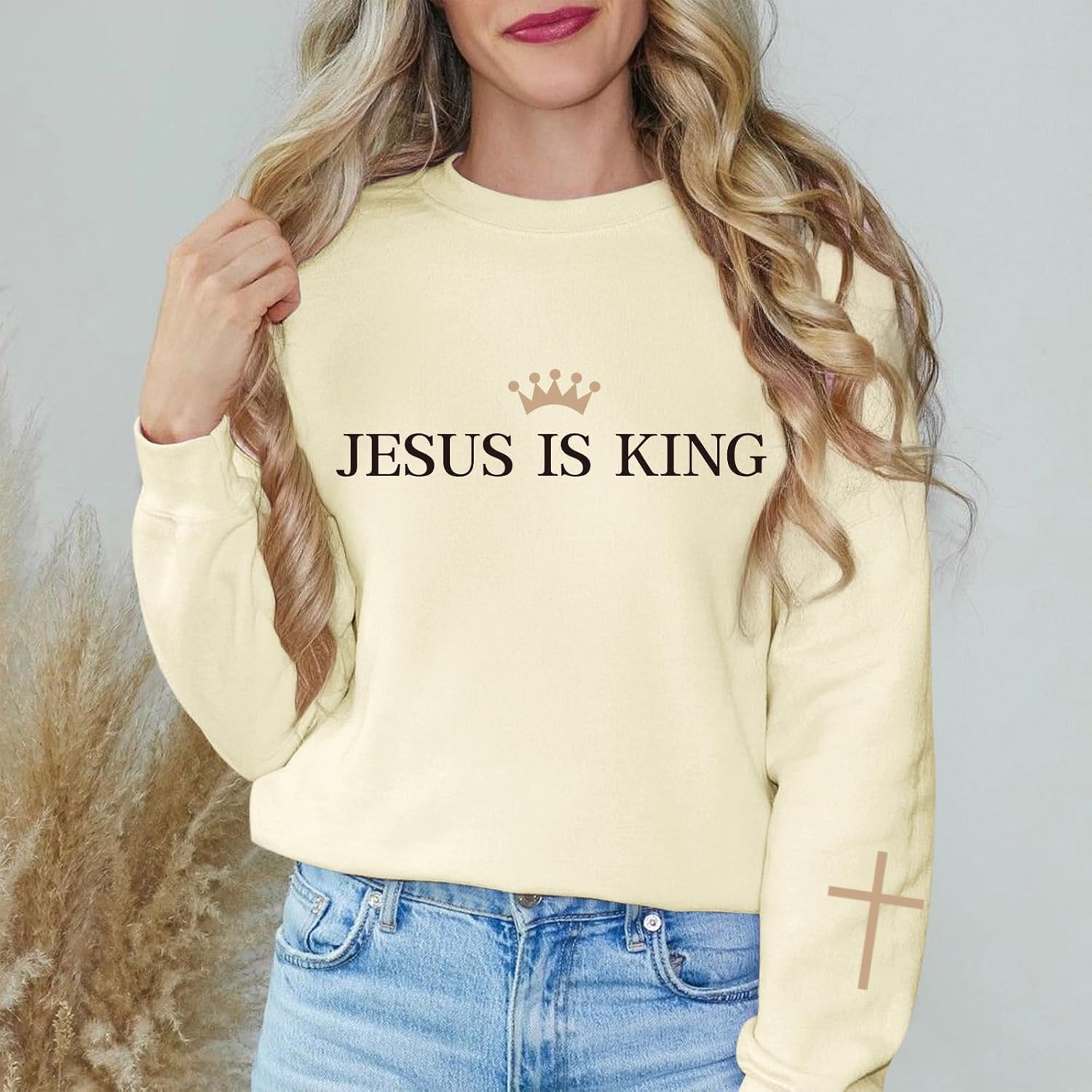 Jesus Is King Sweatshirt for Women Christian Cross Faith Hoodie God Religious Bible Verse Graphic Long Sleeve Shirt - Image 2