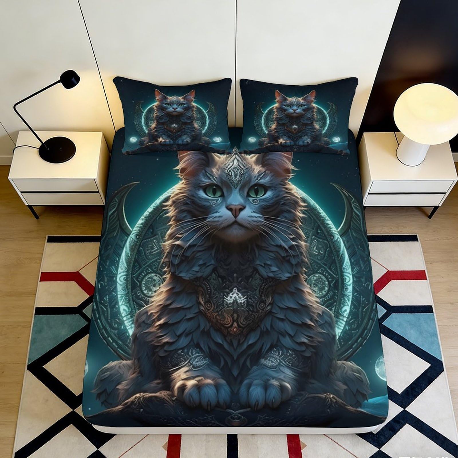 3D Printed Mystical Cat Fitted Sheet Microfiber Soft Bedroom Bed Cover Cosmic Aura Design Anti-Slip Washable 90x200x25cm