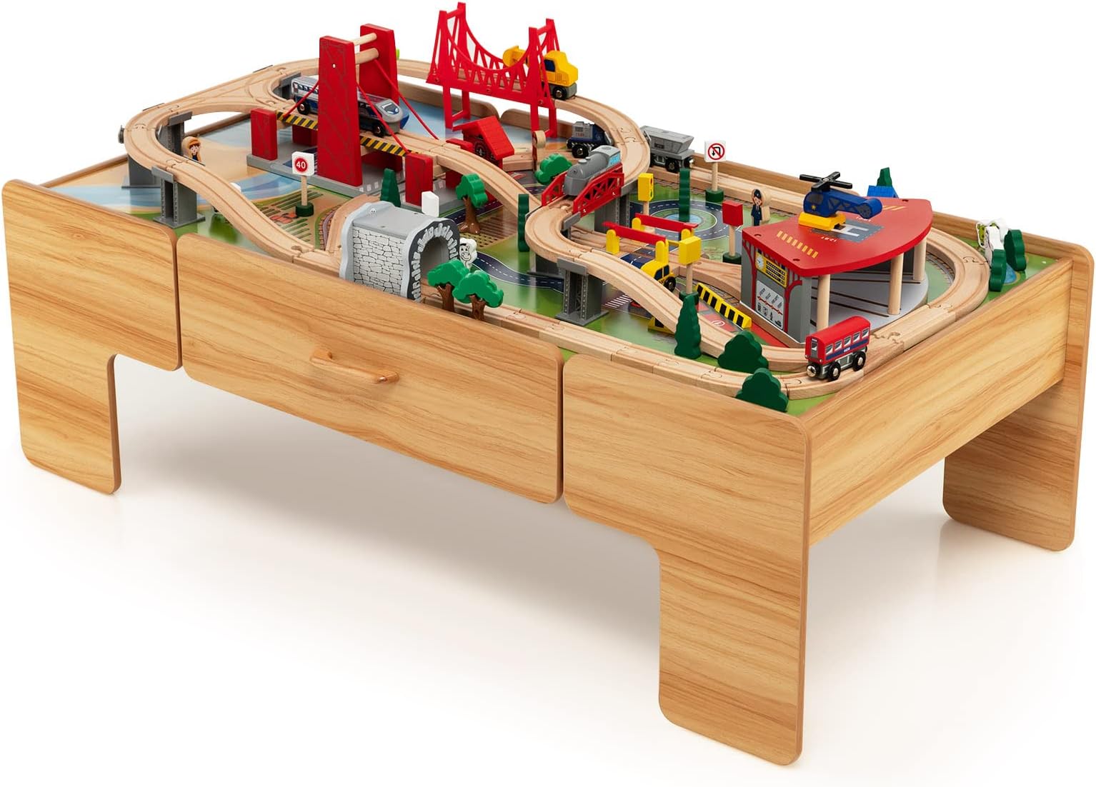 Train Table, 2 in 1 Kids Activity Table w/Storage Drawer, 100 Multicolor Pieces, Railway, Track, Cars, City, DIY Design, Reversible Tabletop, Gift for Boys Girls, Wooden Train Set (Natural)