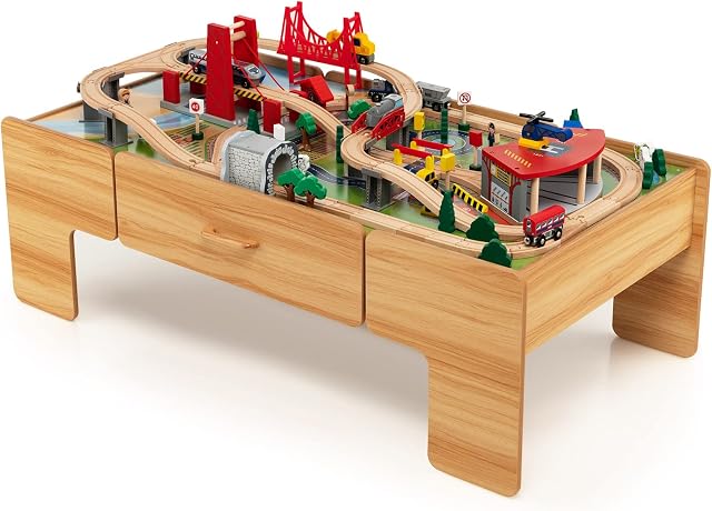 COSTWAY Wooden Train Track Set, 2-in-1 Kids Activity Table with Reversible Tabletop, 100 Pieces Toy and Storage Drawer, Creative Railway Playset for Boys Girls