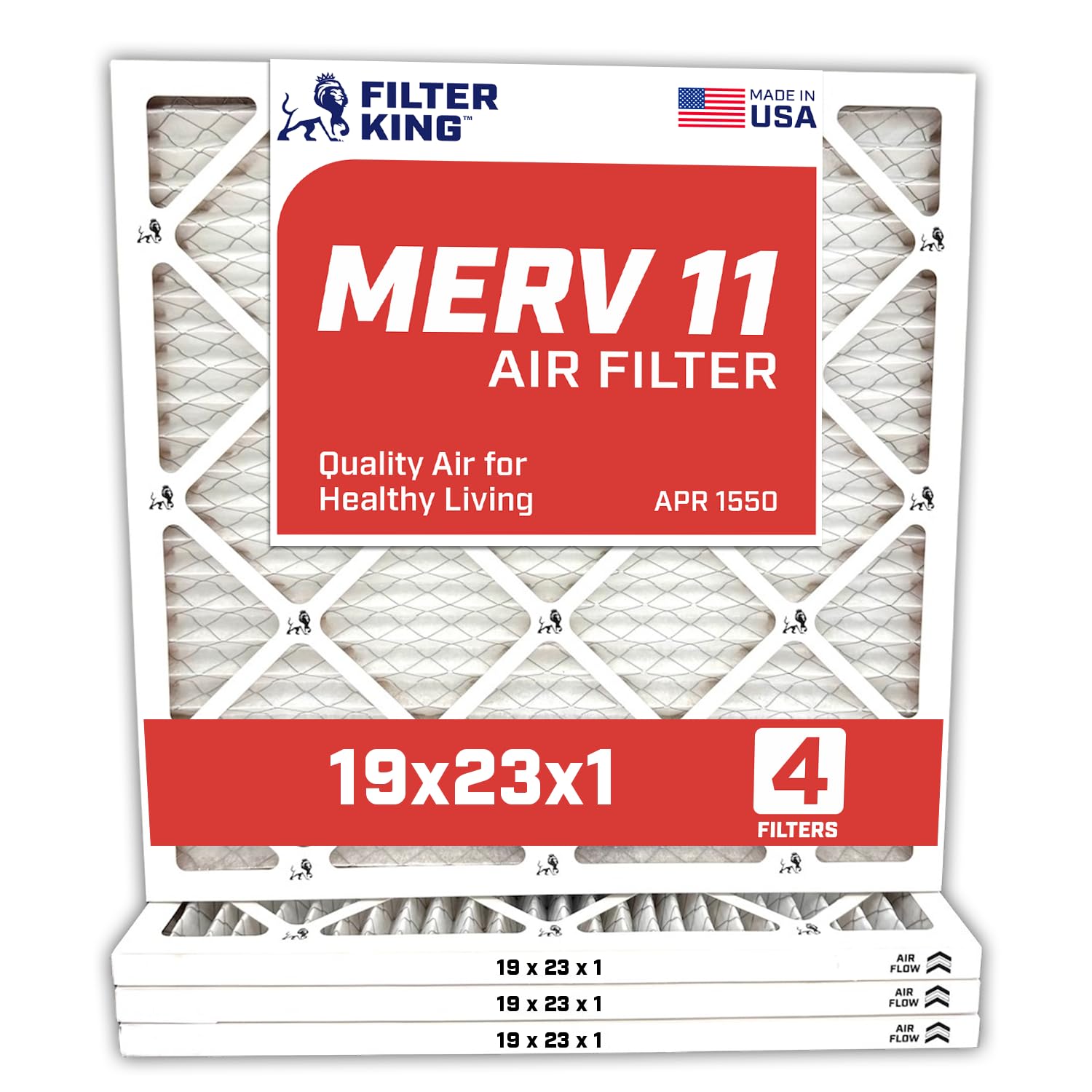 Filter King 19x23x1 Air Filter | 4-PACK | MERV 11 HVAC Pleated A/C Furnace Filters | MADE IN USA | Actual Size: 19 x 23 x .75