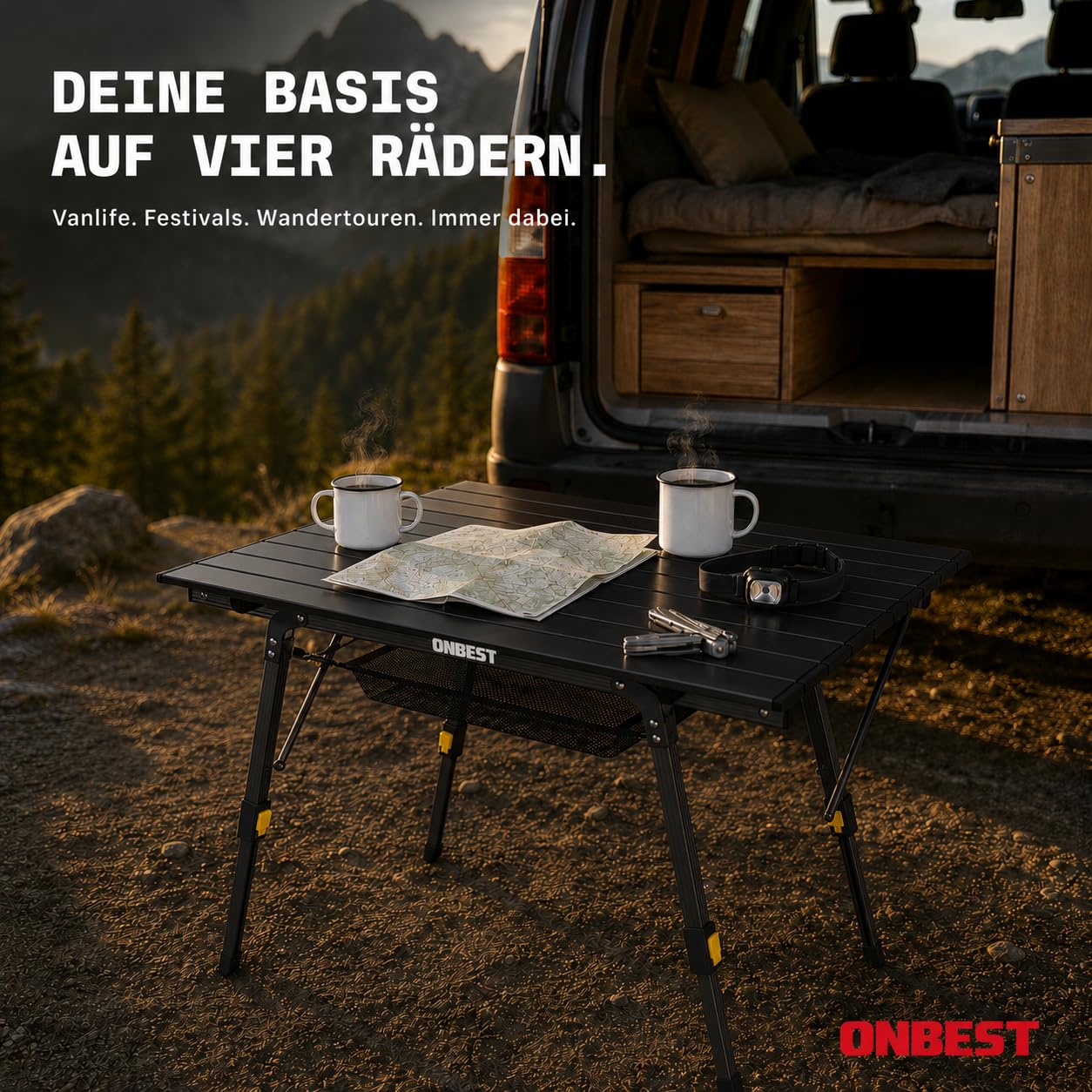 Onbest Campingtisch klappbar – Alu-Klapptisch für 2 Personen | Leichter Campingtisch mit Netztasche und Tragetasche – für Camping, Garten, Angeln, Outdoor, Picknick und Festival