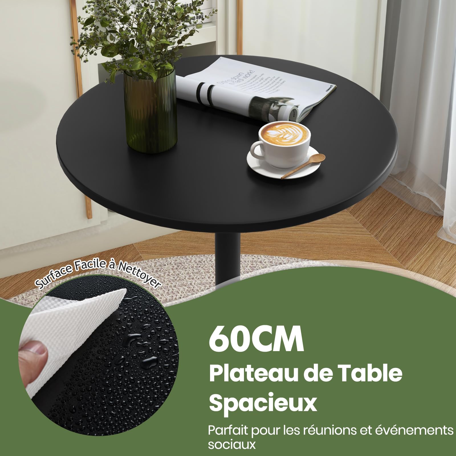 RELAX4LIFE Table Bar Ronde Haute, Table Haute Mange Debout, Hauteur Réglable 100/56 CM, Base en Métal, Style Moderne, Montage Facile, pour Bistrot, Café, Bar, Dia.60 CM (Noir,2)