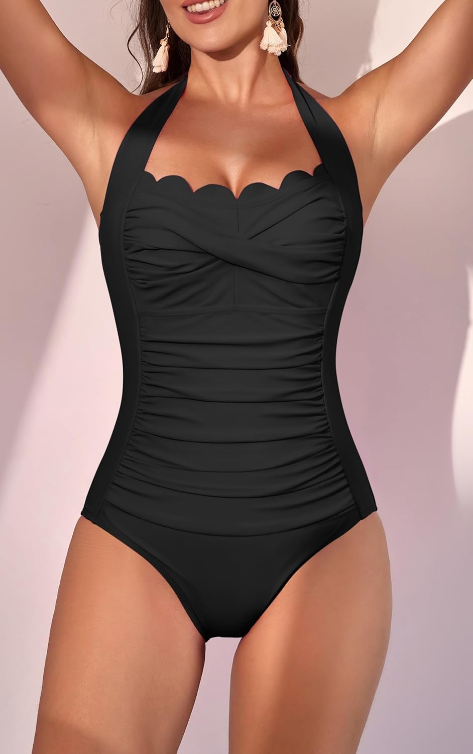 Eomenie Women One Piece Tummy Control Swimsuit Halter Scallop Trim Bathing Suits 1 Piece Vintage Ruched Slimming Swimwear - Image 4