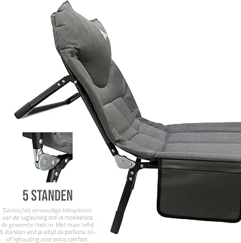 Folding Camping Cot - 8 Leg Camping Bed - 5 Position Adjustable Backrest - Padded Headrest - Side Pocket - 195x65x27cm