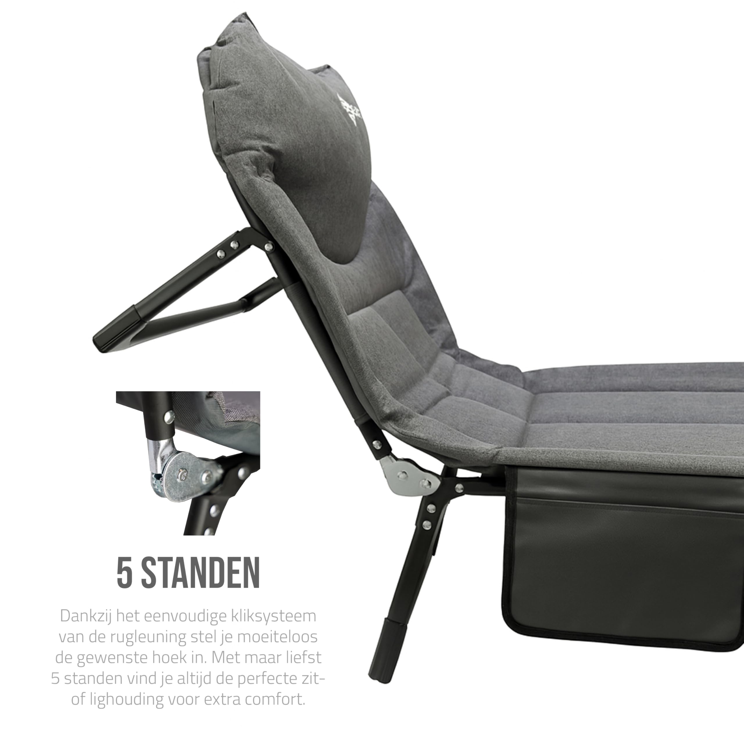 Klappbares Campingbett Grau - 4 Stützbeine - 5-Fach Verstellbare Rückenlehne - Gepolsterte Kopfstütze - Seitentasche - Feldbett Camping - 195x65x27 cm
