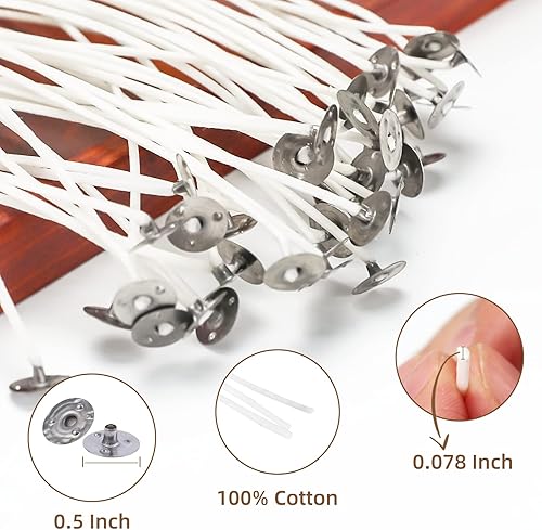 Miniatura 3 de Mechas de vela para hacer velas, mecha de vela 8 en 100 piezas con 100 calcomanías de mecha y 10 soportes para mechas de velas, mecha de algodón