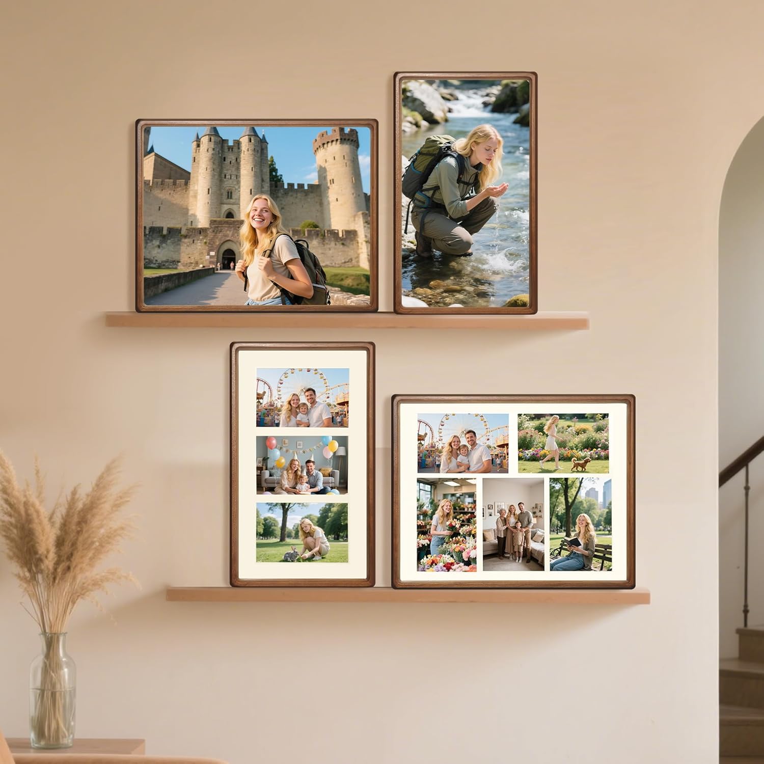 11x14 Collage Picture Frame Walnut Wood, Multiple Five 4x6 Photos or 11x14 without Mat, Rustic Photo Frame with Tempered Glass Hanging Displaying Horizontally or Vertically