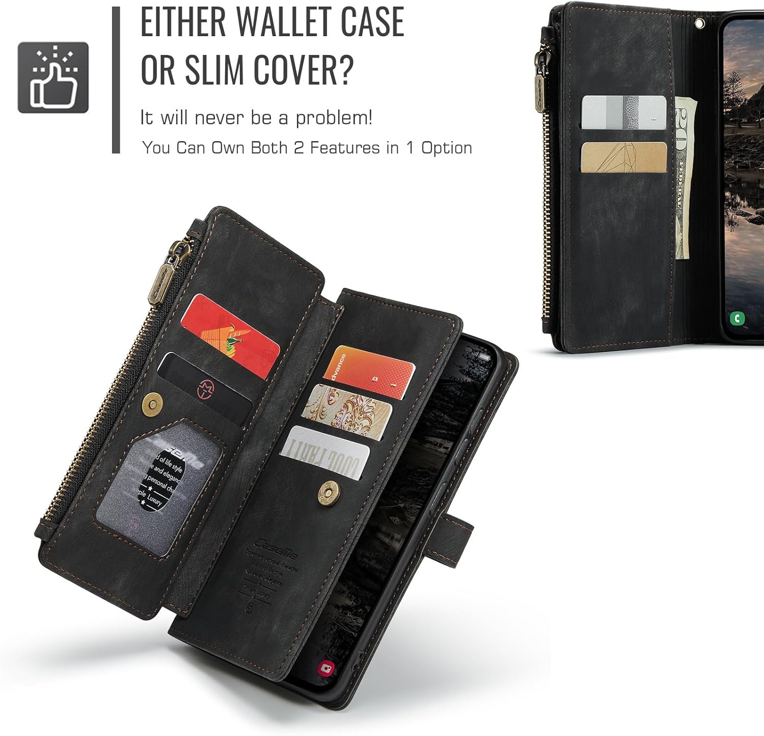 Wallet Case Compatibility with Samsung Galaxy S25+ Plus with Card Holder Kickstand Magnetic Zipper Pocket Lanyard Strap Wristlet,Leather Flip Case Wallet for Galaxy S25+ Plus 6.7 Inch (Black)