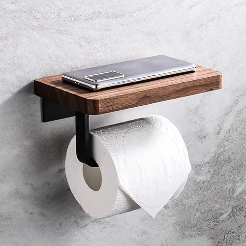 Soporte de papel higiénico con estante de madera de nogal natural, colgador de rollo de papel para colgar en la pared, toallero de papel de acero