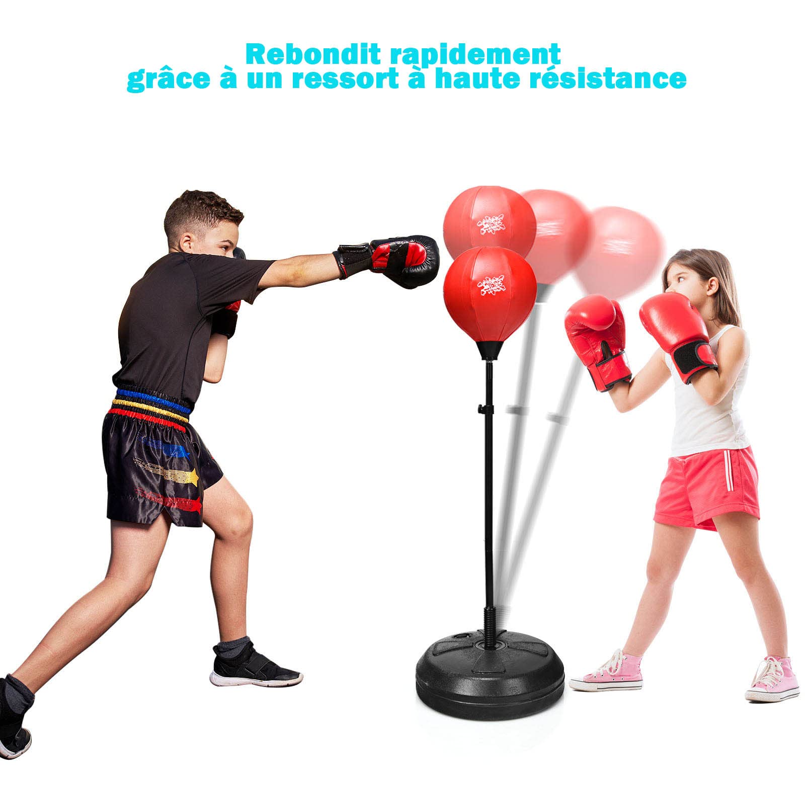 GYMAX Punching Ball avec Hauteur Réglable pour Enfants et Adultes, Sac de Frappe sur Pied avec Pompe, 2 Gants de Boxe Idéals pour l'Entraînement de Boxe, Rouge