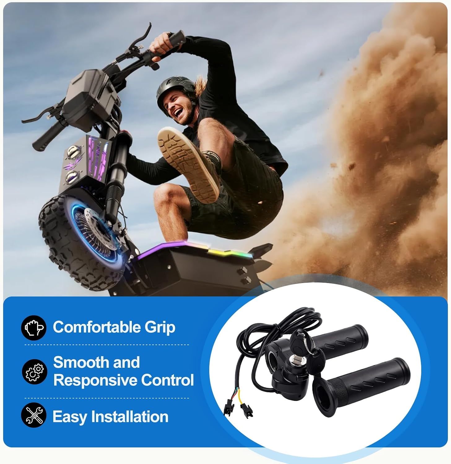Full Twist Throttle Ridstar Q20 - Electric Bike Throttle Grip with 2 Keys, Universal Electric Scooter/Bicycle，Full Twist Design with 3-Pin Ebike Throttle
