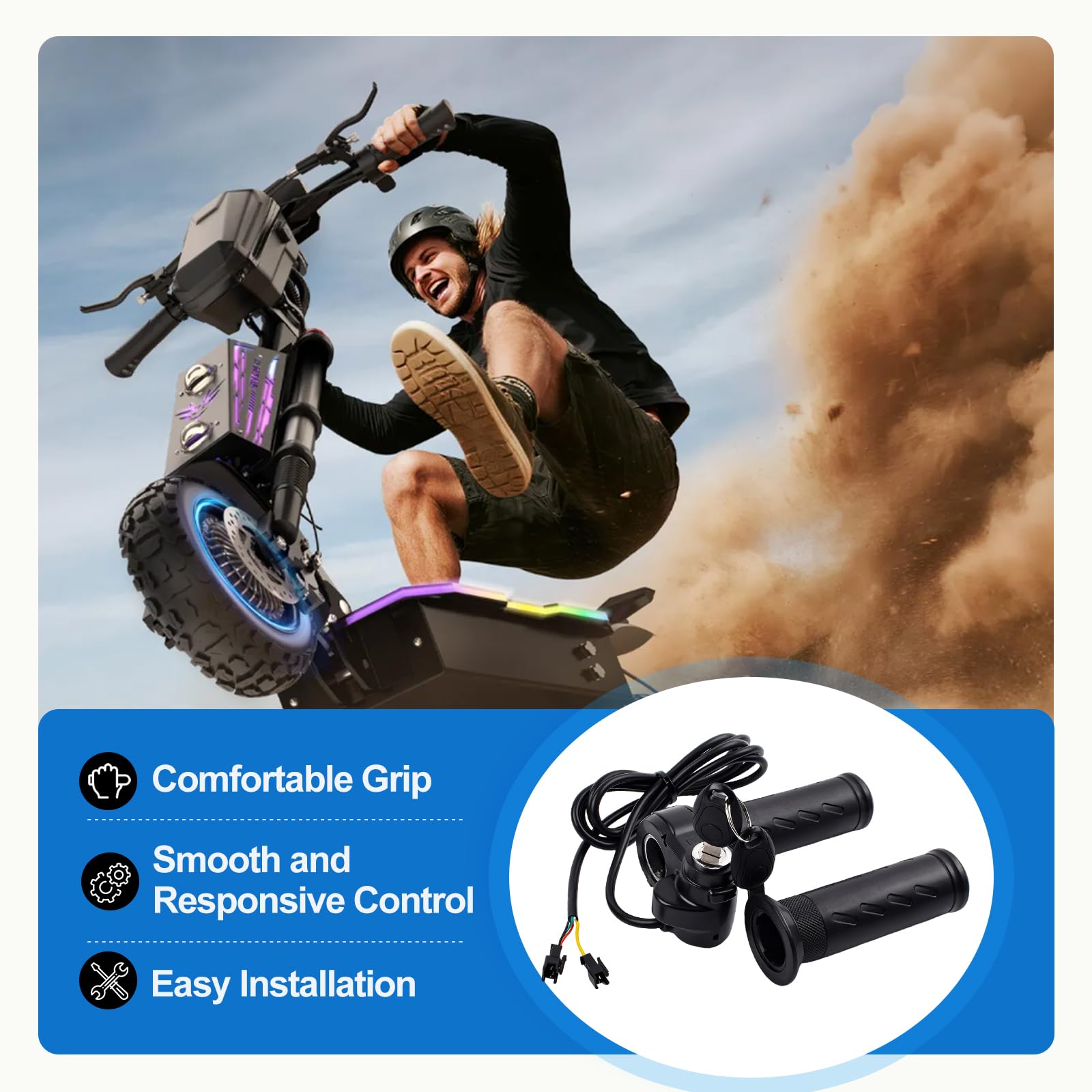 Ridstar Q20 Poignée d'accélérateur pour vélo électrique avec 2 clés, trottinette électrique universelle, design à torsion complète avec accélérateur à 3 broches pour vélo électrique