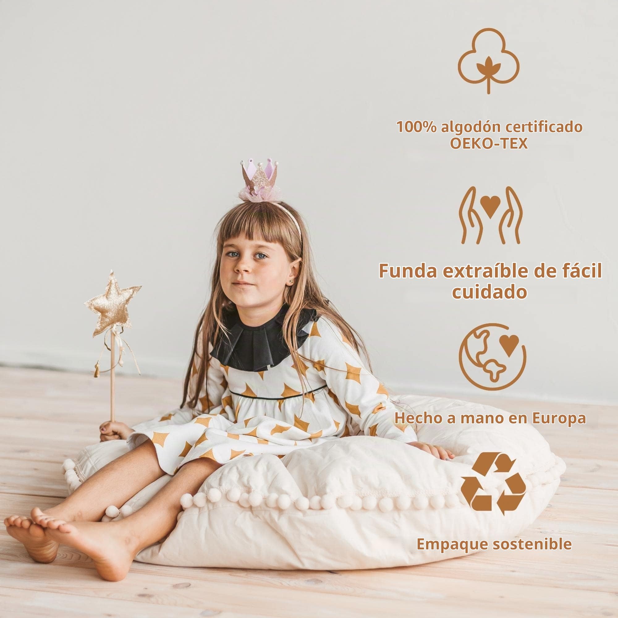 MINICAMP Cojines Grandes para Niños - Puff Ultra Esponjoso c/Relleno y Funda Lavable - Bonito Sofá Suelo, Cojín de Lectura p/Niños y Adolescentes - 100% Algodón - 100 cm Ancho! (Beige)