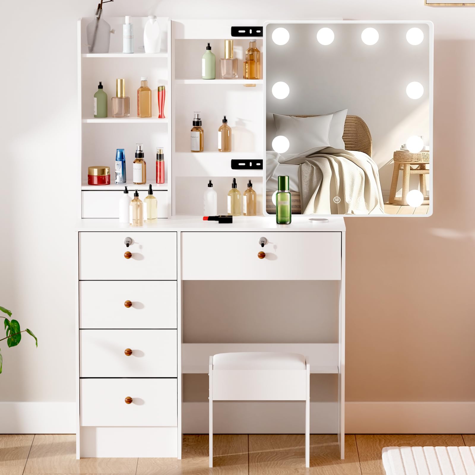 Ensemble de coiffeuse moderne blanche avec miroir à intensité variable, tabouret rembourré et tiroirs et 3 modes d'éclairage de couleur, parfait pour chambre à coucher ou salle de bain (80 cm