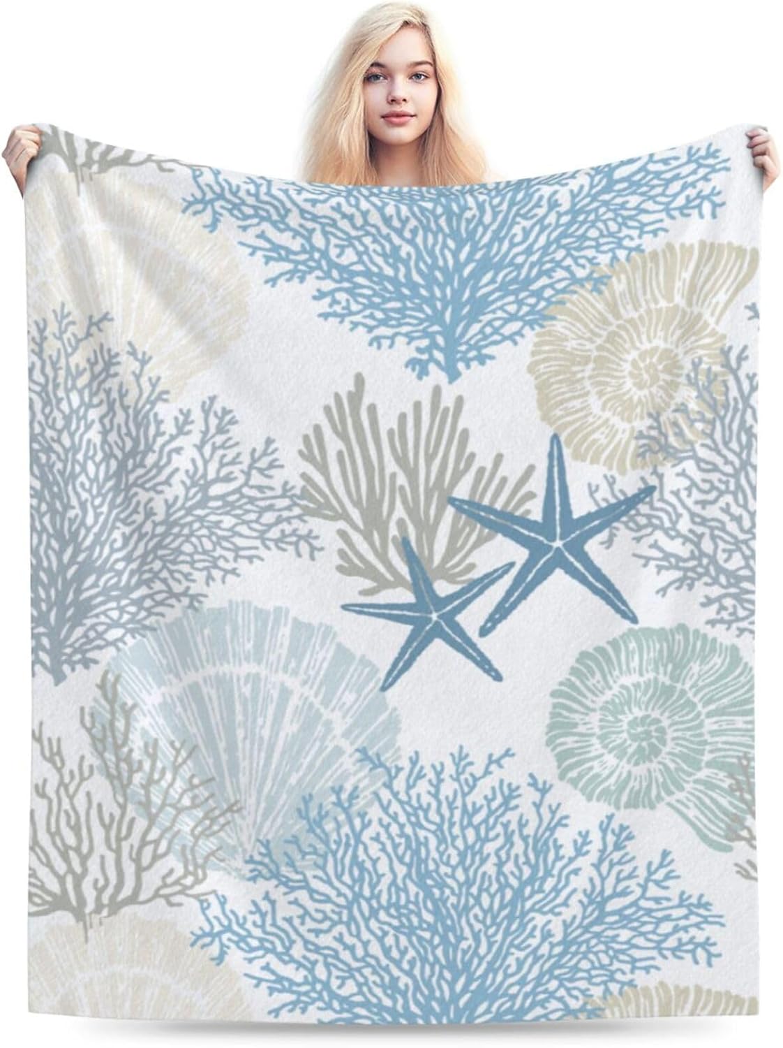 Nautical Coastal Blanket Starfish Seashell Coral Beach Themed Throw Blankets Gifts for Kids Adults Sea Ocean Theme Lightweight Soft Fleece Cozy for Sofa Couch Bed Room Home Decor 50x60in