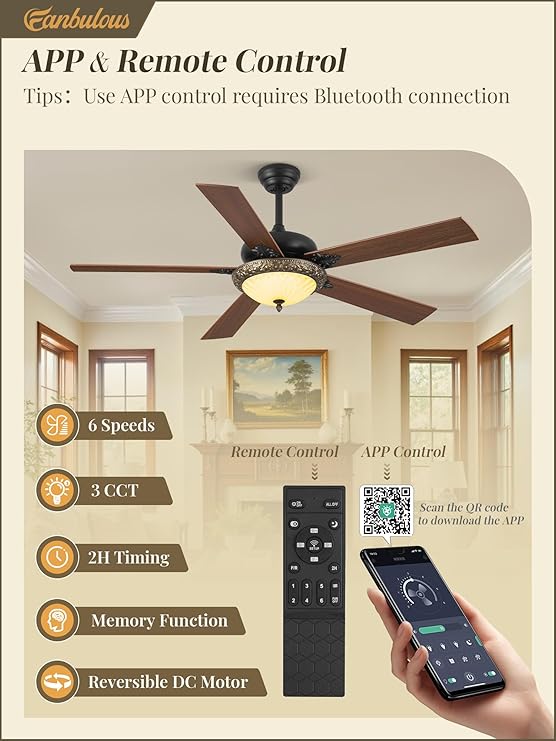 Fanbulous 56 Vintage Ceiling Fan with Light, Antique Ceiling Fan with Dimmable LED Light, Remote/APP Control,Dual Finish Blades,6-Speed Traditional ceiling fan for Bedroom, Living Room,Indoor&Outdoor