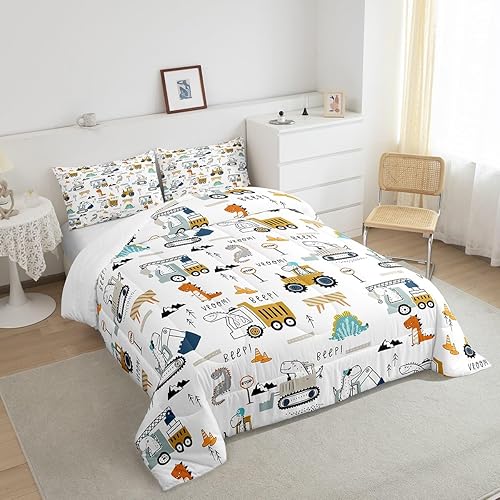 Miniatura 4 de Feelyou Juego de ropa de cama de construcción, tamaño individual, con equipamiento de camiones, para niños y niñas, decoración de dinosaurios,