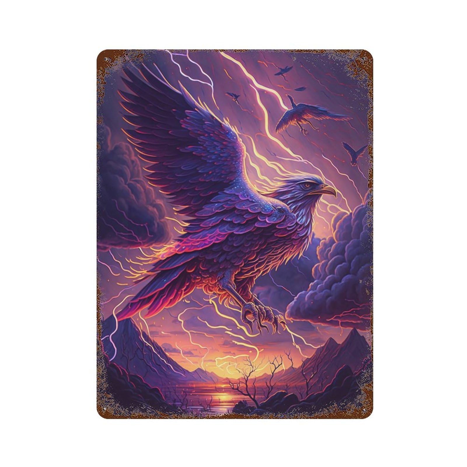 Garage Style Eagle Lightning Storm Fantasy Artwork Distressed Metal Wall Sign 15.7"x11.8", Rustic Home Decor for Bar And Workshop
