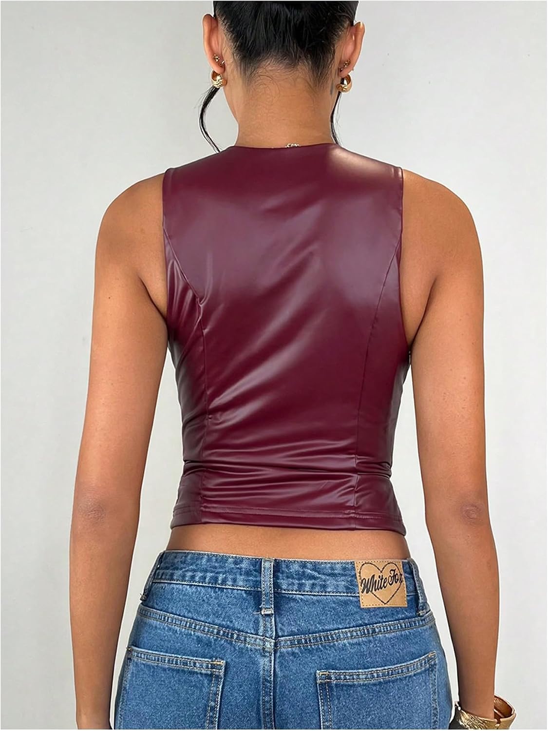 WDIRARA Women's Faux Leather Cut Out Tank Top Tie Knot Sleeveless Round Neck Tops