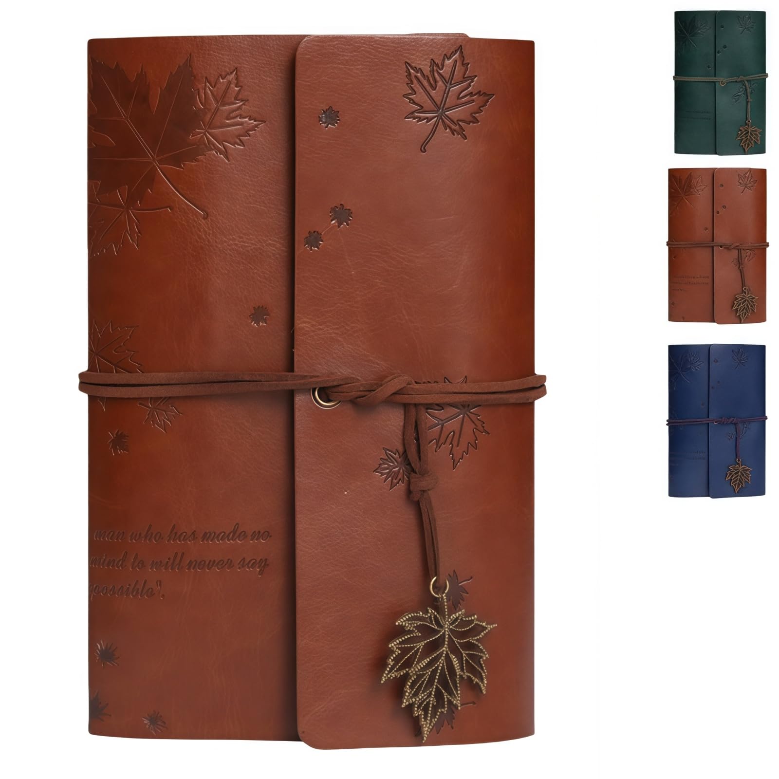 HUANYO Leather A6 Notebook, Refillable Maple Leaf Embossed Vintage Journal, 18.2x12.7cm Travel Diary Gift for Women & Men (Brown)