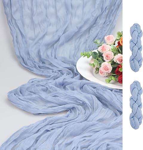 Paquete de 2 caminos de mesa de estopilla de 13 pies, estilo bohemio, de gasa rústica, color azul polvoriento, de 35 x 160 pulgadas de largo para