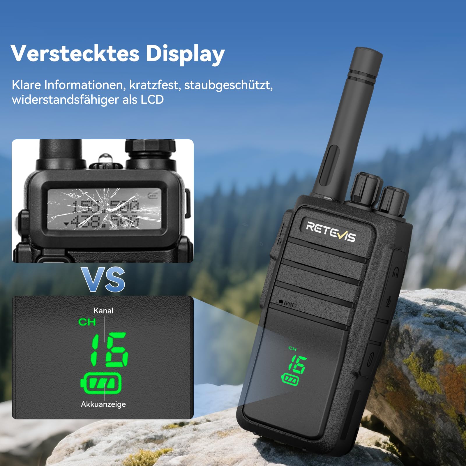 Retevis RT21H Walkie Talkies per Adulti, Walkie Talkie Licenza-libera con Schermo Nascosto IP54 Ricarica Tipo-C Allarme di Emergenza Radio Bidirezionale per Escursionismo, Campeggio(2 Pezzi, Nero)