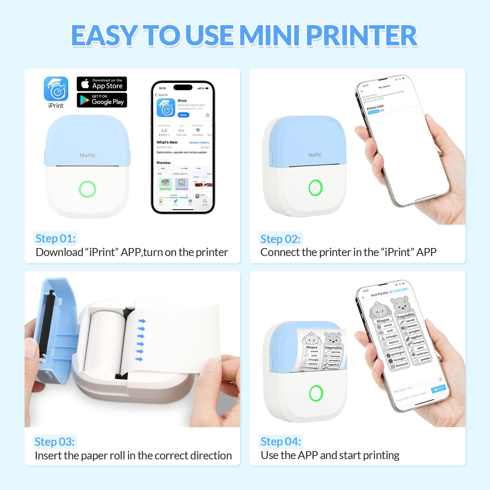 mafiti Mini stampante adesiva portatile termica senza inchiostro wireless Bluetooth stampante per telefono con disegno AI, per appunti di studio foto foto album diario etichetta adesiva