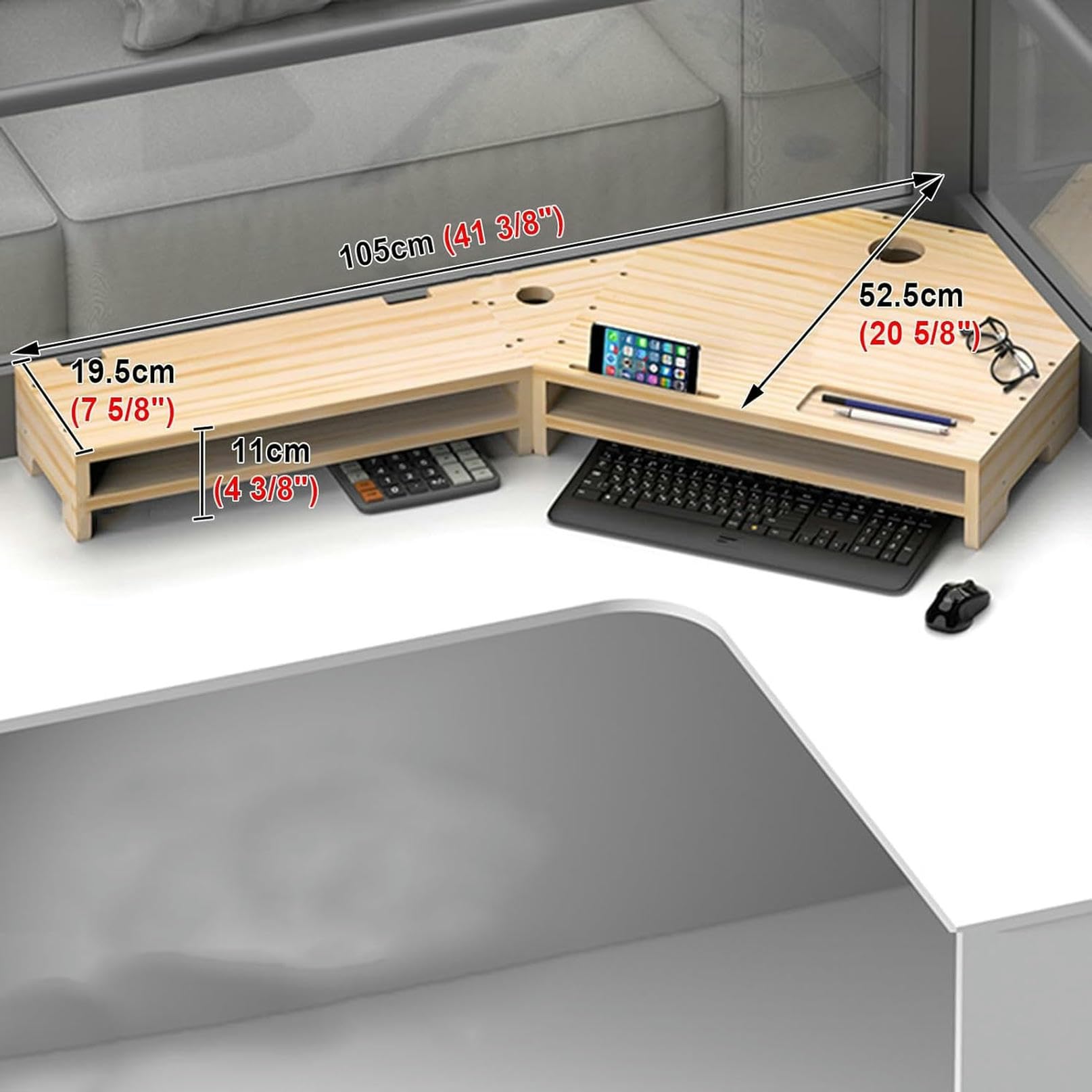Supporto per monitor angolare, supporto per computer resistente a 2 livelli, ripiano angolare per monitor in legno massello con spazio di archiviazione, supporto per laptop da scrivania triangolare