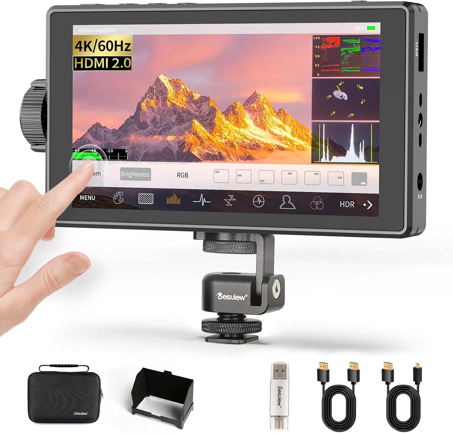 Desview 5.5'' 4K HDMI HDR Camera Field Monitor with IPS Touchscreen & 3D LUT, External DSLR Monitor for Filming or Studio Shooting (Battery Not Included)