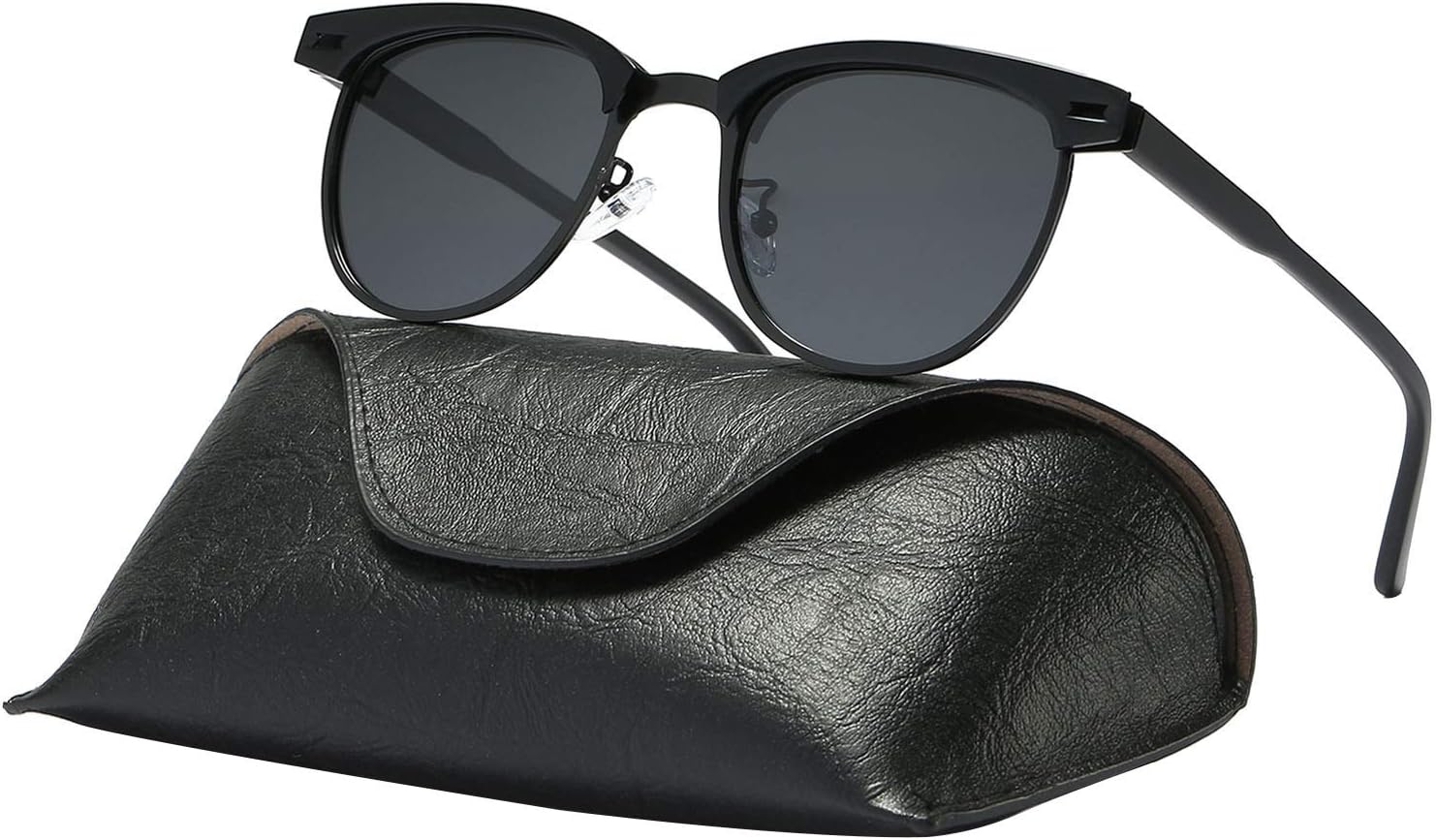 Ray Parker Classic Clubmaster Horn Rimmed Semi Rimless with Polarized Lenses for Men Sunglasses RP6623 with Black Metal Frame/Grey Lenses