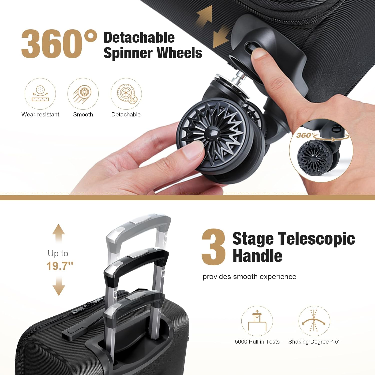 Softside Carry on Luggage Airline Approved, 17 Inch Underseat Carry-on Luggage with Removable Spinner Wheels, Small Personal Item Suitcase for Travel Business (Black, 17 inch_Underseat) - Image 9