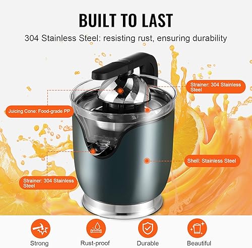 Miniatura 5 de VEVOR Exprimidor eléctrico de cítricos, exprimidor de jugo de naranja con conos de jugo de dos tamaños, máquina de jugo de naranja de acero